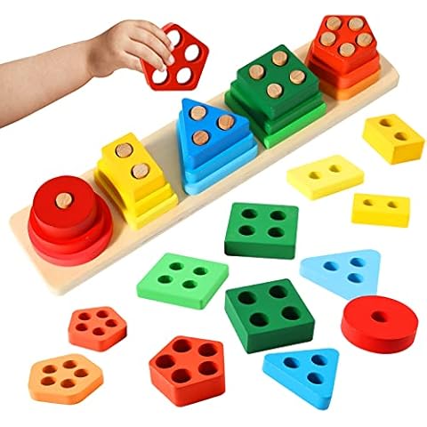 JUWUGU 【2022 New】 Montessori Toys for 1 2 3 + Years Old Boys Girls Toddlers, Wooden Sorting Stacking Toys for Kids Preschool, Shape Color Recognition Stacker, Educational Learning Puzzle Best Gifts Cover