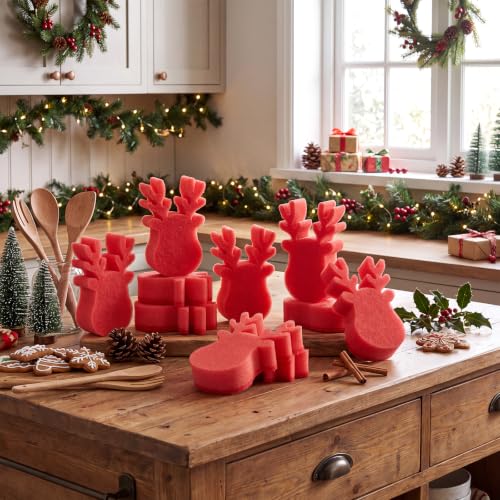 Image of Tioncy 12 Pack Christmas Reindeer Kitchen Sponges Bulk Red Reindeer Dual Sided Scrubber Sponges Dishwashing Kitchen Cleaning Accessories for Home Decor Household Supplies