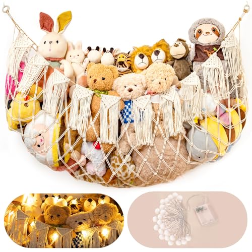 Stuffed Animal Hammock Net with Lights - Big Wall Hanging Stuffed Animal Storage for Plushies and Teddy Bears,Boho Macrame Toy Hammock Organizer Holder for Kids Boys Bedrooms Playroom Nursery (White)