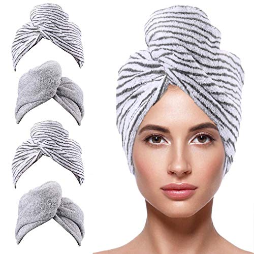 Gemily Microfiber Stripe Hair Towel Wraps Absorbent Bath Hair Turbans Set Fast Drying Hair Cap with Buttons for Women and Girls ?Pack of 4 (grey2/stripe2)