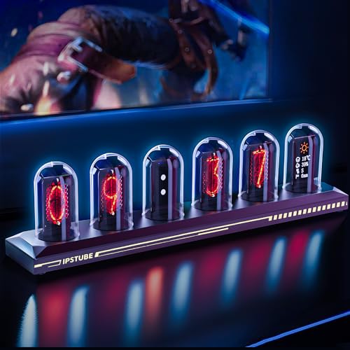 MOSHOU Nixie Tube Clock, RGB Glow Tube Clock 5 IPS Color Screen Digital Tube Clock, Customized Electronic Album, New Weather Mode, Desktop Digital Clock Decoration Gift (with Lighted Base)