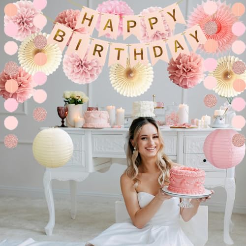 Geburtstagsdeko Mädchen Frauen Geburtstag Party Deko Rosa Beige Seidenpapier Pom Poms Happy Birthday Girlande Boho Blush Rosa Party Deko