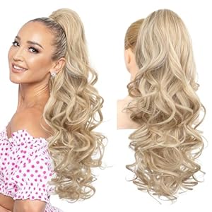 Brikabia Pferdeschwanz-Verlängerung, 61 cm, Haarklammer, Pferdeschwanz-Verlängerung, lang, gelockt, gewellt, Pferdeschwanz-Haarverlängerung, Kiefer-Clip, natürliches Haarteil für Frauen, Mittelblond