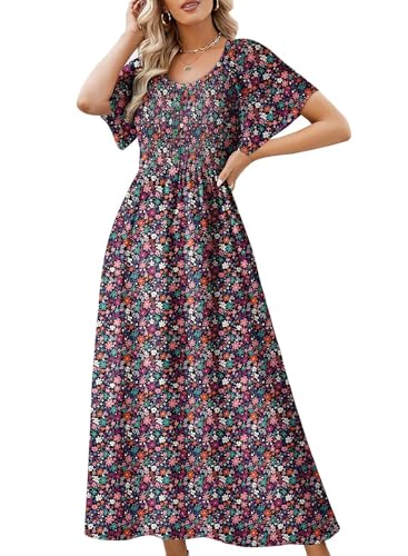 Image of Dokotoo Womens Dresses 2025 Square Neck Tie Backless Summer Dresses Cap Sleeve Floral Buttoned Empire Waist Maxi Dress