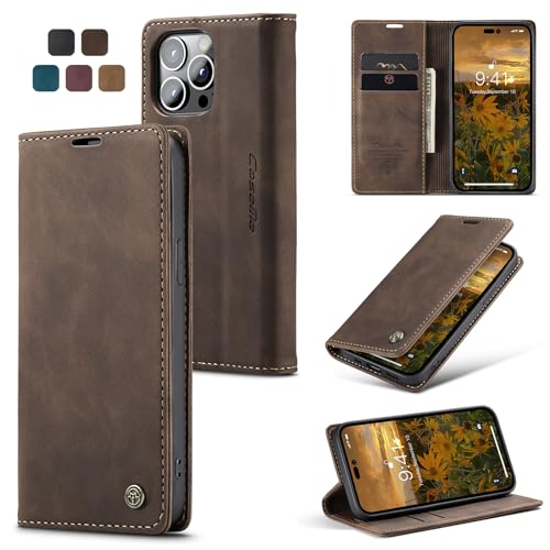 owlhold Handyhülle für iPhone 14 Pro Hülle Premium Lederhülle Weiches Vintage-Nubukleder Faltbare Ständer Klapphülle Kartenfach Standfunktion stoßfest Schutzhülle für iPhone 14 Pro -Kaffee