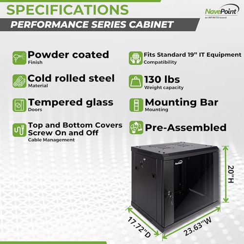 NavePoint 9U Server Cabinet Wall Mount Rack Enclosure Includes 2 Fans, Locking Glass Door, Removable Side Panels – 9U Network Cabinet 17.7” Deep, 19 Inch Server Rack for IT and A/V Equipment by NavePoint - Image 4