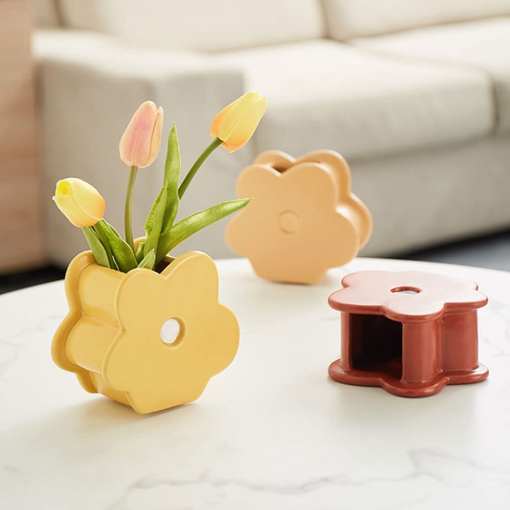 Wazon na Kwiaty Twórczy Flower Shape Wazon Nordic Śliczne ceramiczne wazony stół dekoracje Salon suszone kwiaty do wystroju domu Sztuki Dekoracyjny(Yellow)