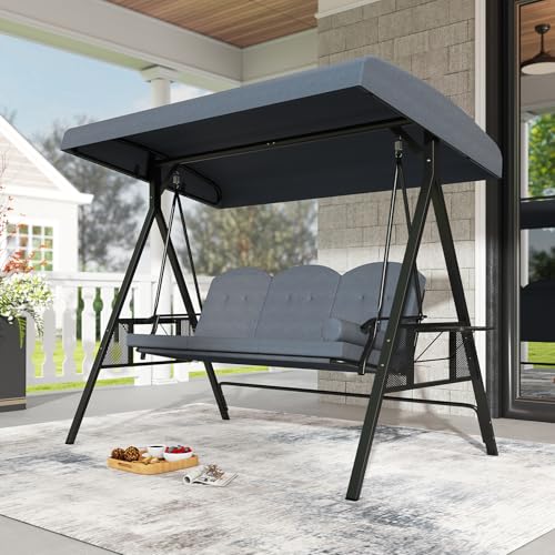 Image of Tangkula 3 Person Porch Swing, Outdoor Swing with Adjustable Canopy, Thickened Cushions & Pillow, Metal Frame, Foldable Side Tray for Backyard, Garden and Poolside (Grey)