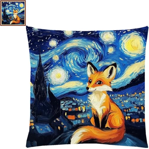 Fanxvivy Stamped Cross Stitch Kits for Adults Beginners Pillow Needlepoint Kit with Embroidery Pattern Needlework Kit Prestamped Stitches Kit 11CT Cross Stitching-Van Gogh Starry Fox 18x18 inch