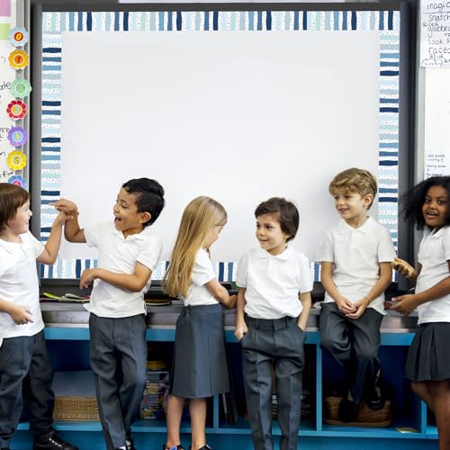 Image of Whaline 32.8Ft Summer Classroom Bulletin Board Border Dusty Blue Dot Stripe | Die-Cut Rolled Border Trim, for Back to School Winter Chalkboard Wall Decoration