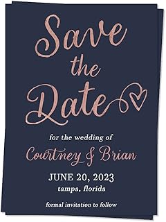 Save the Date Cards Customized and Printed with Names and Date of Event Wedding Reminder Invitations Simple Elegant Navy Blue Rose Gold White Silver Printed Cards (24 count)