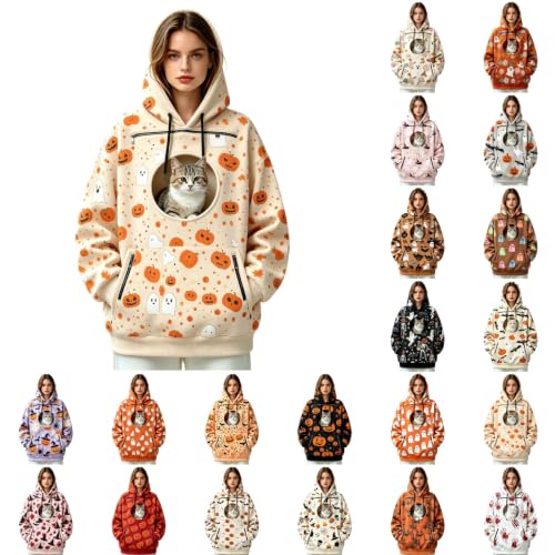 Cat Hoodie with Pouch Halloween Print Soft Pullover Tops with Zipper Pocket - image 1