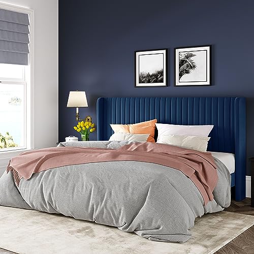 Allewie King Size Velvet Bed Frame/Vertical Channel Tufted Wingback Headboard/Upholstered Platform Bed/Strong Wooden Slats/No Box Spring Needed/Easy Assembly/Blue