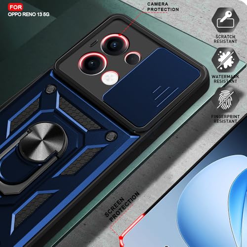 Image of AESTMO Tough Armor Oppo Reno13 5G Bumper Back Case Cover | Ring Holder & Sliding Camera Cover | 360 Degree Protection Back Case Cover for Oppo Reno13 5G (Blue)