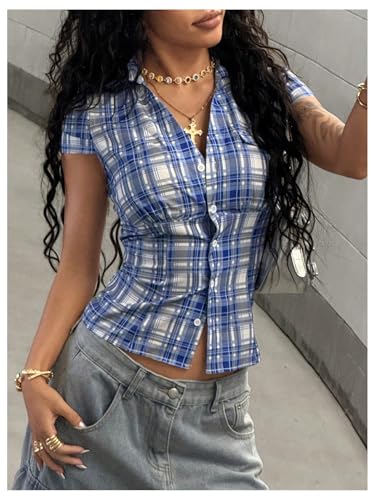 Milumia Women's Y2k Plaid Collar V Neck Button Down Shirt Short Sleeve Fitted Tops2