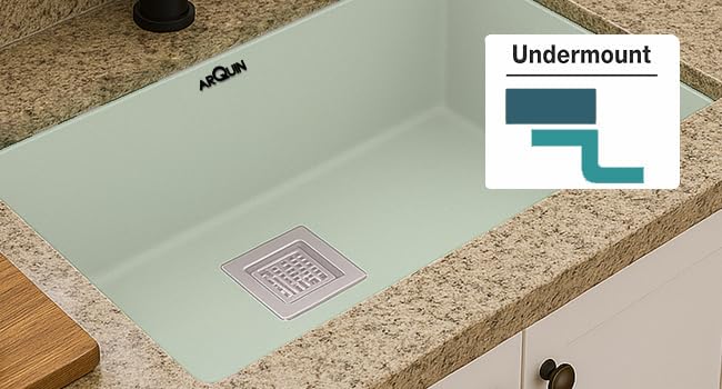 Image of ARQUIN Quartz Sink 24x18x9 Inch Sand Choco | Single Bowl Sink | Durable & Scratch-Resistant | Undermount /Topmount Including Coupling, Waste Pipe & Fruit Washing Basket