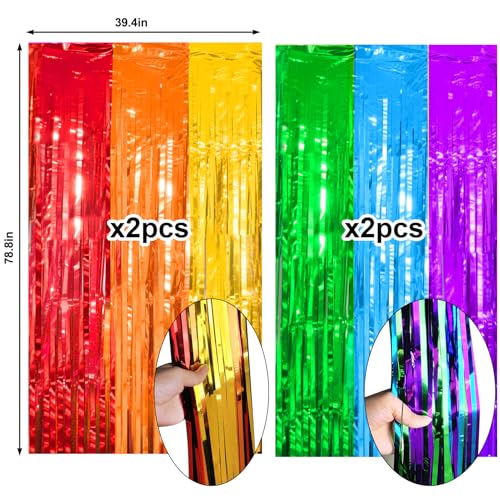 Image of 4 Packs Rainbow Foil Fringe Curtain, Assorted Color Metallic Tinsel Backdrop for Birthday, Baby Shower, Wedding, Rainbow Party Decorations Supplies