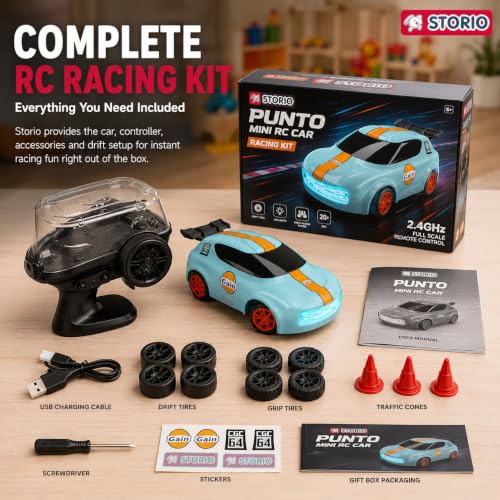 Image of Storio Punto Mini RC Car 1:64 Scale, 2.4GHz Remote Control Car with Drift & Grip Modes, Dual Speed, LED Lights, 100m Range, Rechargeable RC Drift Car for Kids Boys Girls & Adults