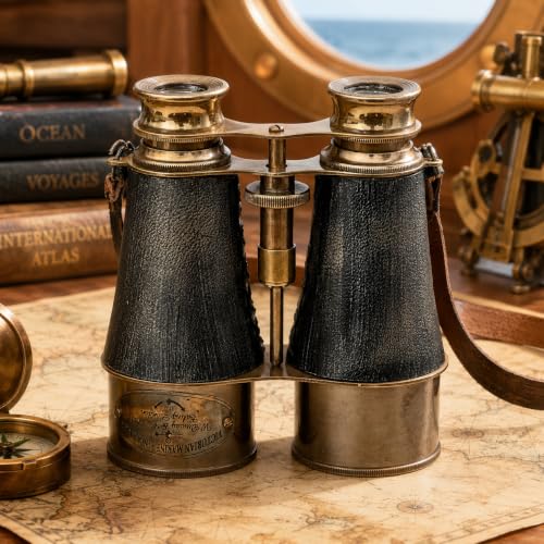 Binoculares marinos antiguos victorianos de latón y cuero miniatura 2