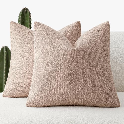 Image of Foindtower Set of 2, Decorative Textured Boucle Throw Pillow Covers Accent Solid Pillow Cases Neutral Soft Cozy Couch Cushion Case for Chair Sofa Bedroom Living Room Home Decor 20 x 20 Inch Light Pink