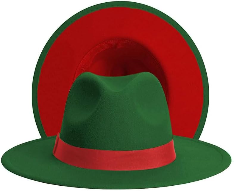 Wide Brim Fedora Hats Two Tone Felt Panama Hats Women/Men Vintage Pimp Hats with Ribbon Medium-Large Green-red-l