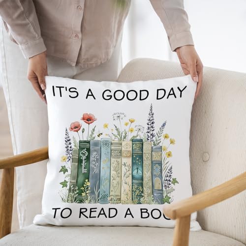 Image of It's a Good Day to Read a Book Reading Pillow Covers Gifts for Book Lover,Bookish Bookworm Librarian Gifts for Women,Reading Pillow for Bed 18x18,Book Nook Decor