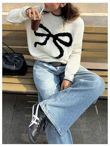 Image of BEAUDRM Women's Bow Graphic Knitted Sweater Crew Neck Long Sleeve Colorblock Pullover Knitwear Beige Large
