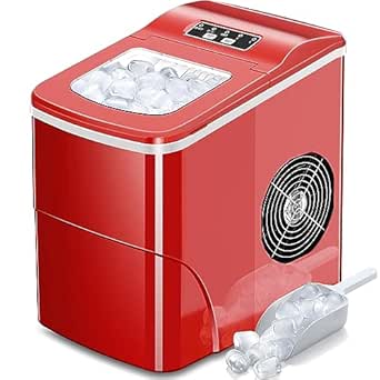 AGLUCKY Ice Makers Countertop with Self-cleaning, 26.5lbs/24hrs, 9 Cubes Ready in 6 Mins, Portable Ice Machine with 2 Sizes Bullet Ice/Ice Scoop/Basket for Home/Kitchen/Office/Bar/Party, Red