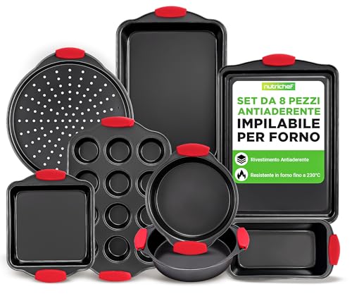 NutriChef Set da 8 Teglie da Forno con Manici in Silicone Rosso, Teglie Forno Antiaderenti in Metallo Professionale, Rivestimento Grigio Interno ed Esterno
