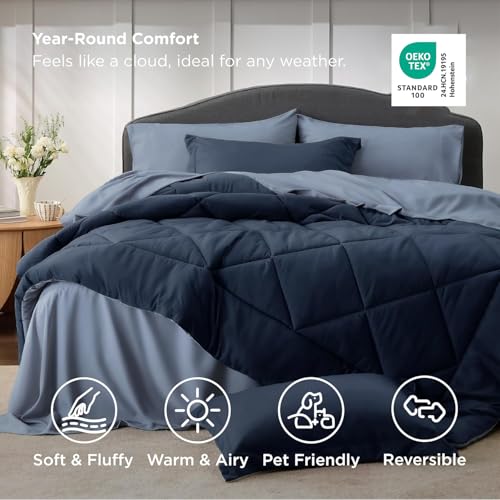 Image of Bedsure Twin Comforter Set - 5 Pieces Reversible Navy Blue Bedding, Twin Size Bed Set for All Seasons, Bed in a Bag with Down Alternative Comforter, Sheets, Pillowcase & Sham
