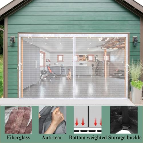 Image of Magnetic Garage Door Screen 16x7ft Mesh Net Curtain, Pets friendly, Retractable Fiberglass doors Cover Closure for Carport Patio sunroom balcony porch gazebo backyard greenhouse RV (White, for 16x7ft)
