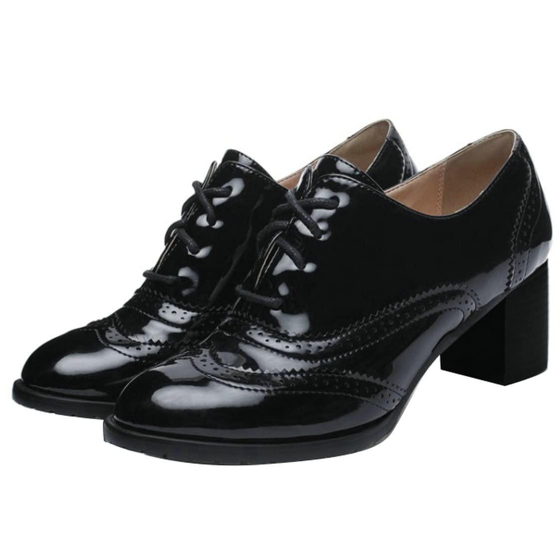 UniqueStride Womens Vintage Brogues Oxford Lace up Chunky Mid Heel Pumps Closed Round Toe Wingtip Patent Leather Shoes