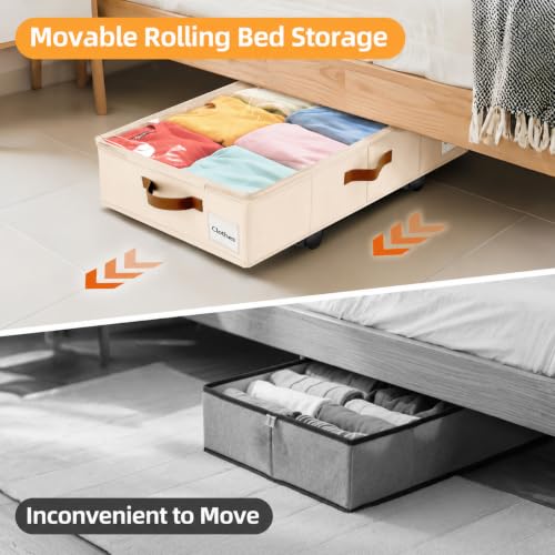 Image of Under Bed Storage with Wheels,Underbed Storage with Sturdy Sidewalls /Bottom, Clear Cover, Label and PU Handle, Rolling Under Bed Drawers for Clothes, Shoes, 6.5 Inch Height,Beige, 2 Pack