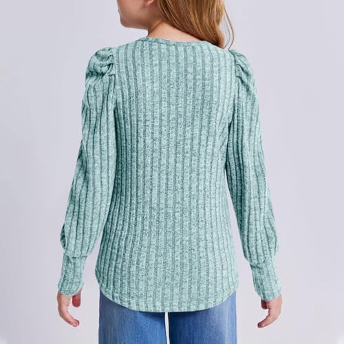 Teen Girls Puff Knit Sweater Shirts Kids Elastic Cuff Ribbed Long Sleeve Blouse Elegant Cute Fashion Solid Stripe Crop Tops4