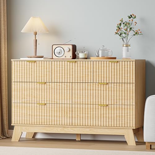 Image of Dresser 7 Drawer Dresser for Bedroom, 47''W Fluted Wooden Dresser Storage Cabinet and Chest of Drawers with Metal Handle, Storage Organizer for Living Room, Hallway, Entryway, Nature Oak