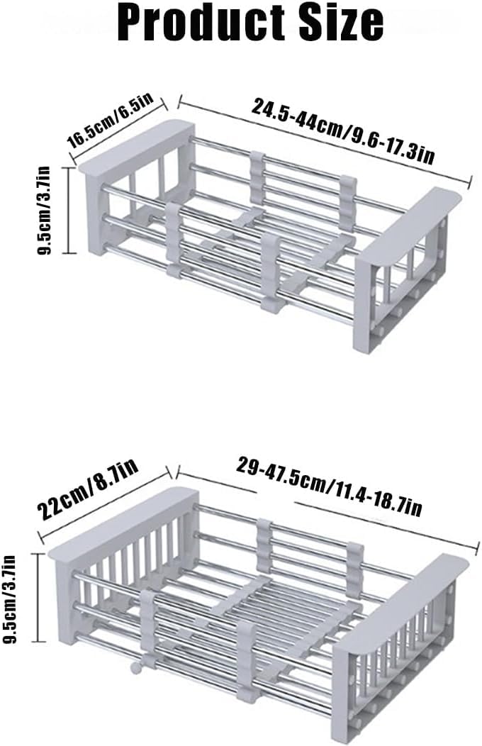 Ausziehbarer Abtropfkorb für Spülbecken, Edelstahl-Geschirrtrockner für Obst, Gemüse und Geschirr, längenverstellbar, groß, schwarz (Large)