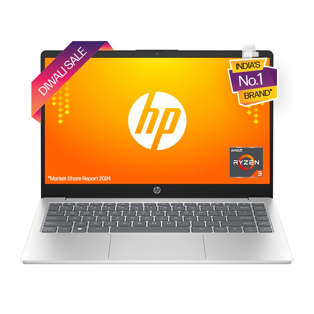 HP 14 AMD Ryzen 3 7320u (8GB DDR5 RAM/ 512 GB NVMe M.2 SSD/Windows 11 / MS Office'2021 / FHD 14" (35.6 cm) + Backlit Keyboard/Silver / 1.4 kg/Dual Speakers) em0025AU / Laptop