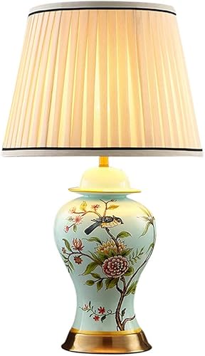 ZXZB Lámpara de mesa de noche lámpara de escritorio retro delicada dibujada a mano con patrón de cerámica base de cobre lámpara de escritorio E27