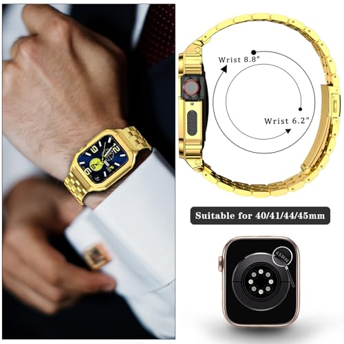 Image of SUPLINK Stainless Steel Case with Band Compatible with Apple Watch Series 9 8 7 Bands 45mm, Metal Rugged Protective Bumper for iWatch Bands Men, Gold