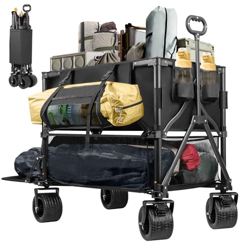 UNITON Double Decker Wagon 600lb Capacity & 400L Collapsible Sports Wagon with Big Wheels 54' Extended Utility Folding Cart for Camping Fishing & Outdoor Use