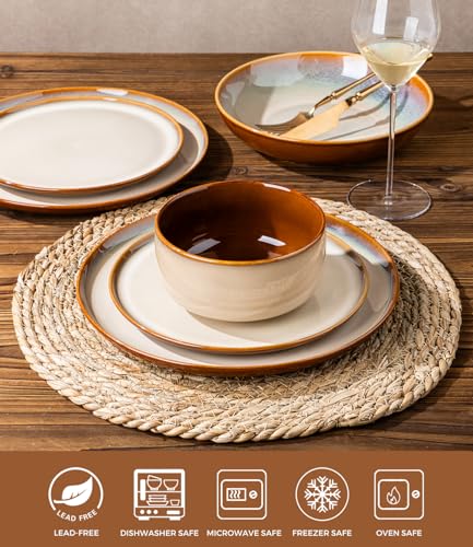 Image of LERATIO Ceramic Dinnerware Sets with Pasta Bowls for 4,Plates and Bowls Sets,Oven &Microwave & Dishwasher Safe,Light Weight & Scratch Resistant Dishes Sets-Service for 4 (16pcs)-Kahki
