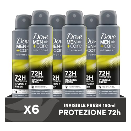 Dove Deodorante Dove Men + Care Invisible Fresh Spray Advanced Care, Deodorante Uomo, con 1/4 Crema Idratante, Formula Idratante e Anti-Macchia, Protezione Fino a 72 Ore, 6 Pezzi da 150 ml