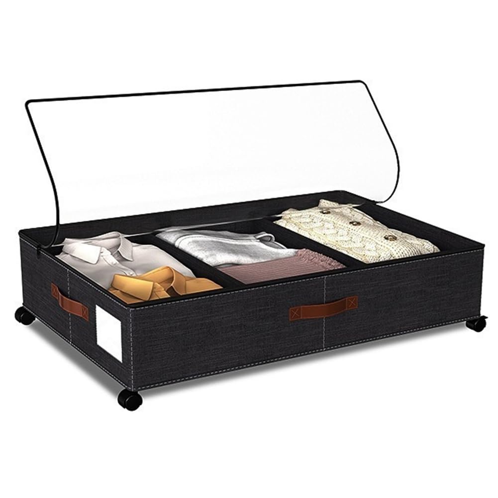 Aundhegrtt Under Bed Storage with Wheels Rolling Underbed Containers Clear Lid & Dividers Oxford Fabric