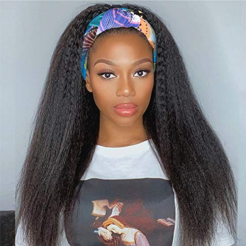 LEOSA Kinky Straight Headband Wig for Black Women,Yaki Straight Headband Wig Synthetic Wigs for Women Kinky Yaki Straight Wig with Headband Attached Cheap Wigs Glueless Pre-attached wig scarf 22 Inch