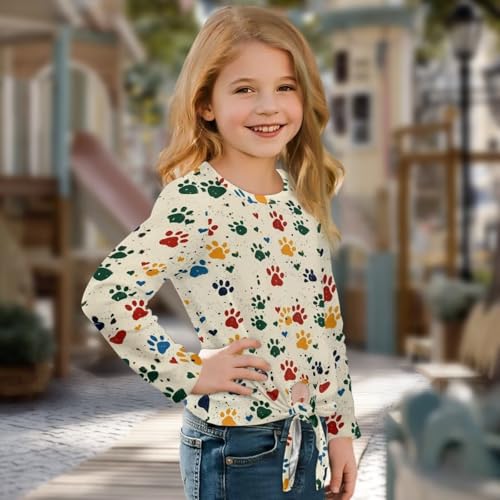 Girl Long Sleeve Shirt Round Neck Pullover Sweatshirts for Tween Girls Casual Blouses with Tie Hem 5-12 Year Old3