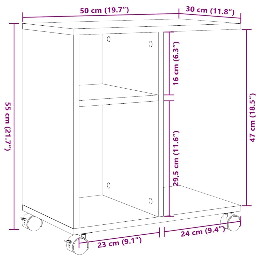 Beistelltisch mit Rollen Grau Sonoma Holzwerkstoff 50x30x55 cm Couchtisch mit Ablagefach für Wohnzimmer Schlafzimmer Flur Balkon, Sofatisch mit Stauraum und Bremsen, praktischer Ablagetisch