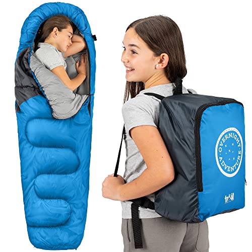 Trail Schlafsack Kinder Mumienschlafsack als Schlafsack 3 Jahreszeiten für Camping – 300gsm – für Jungen und Mädchen – mit Leichtem Transportrucksack - Blau