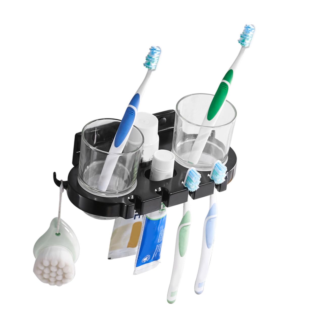 Portacepillos de Dientes con Vasos Doble de Aluminio Space Negro | Ganchos, Diseño Multifuncional, Acabado Anti Óxido, Soporte de Baño con Doble Taza