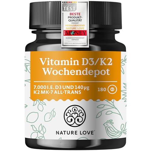 Nature Love Vitamin D3 K2 Wochendepot - 180 vegane Tabletten - 7000IE D3 + 140µg K2 pro Tablette mit 99,7% all-trans - Hochdosiert & vegan - Laborgeprüft, in Deutschland produziert