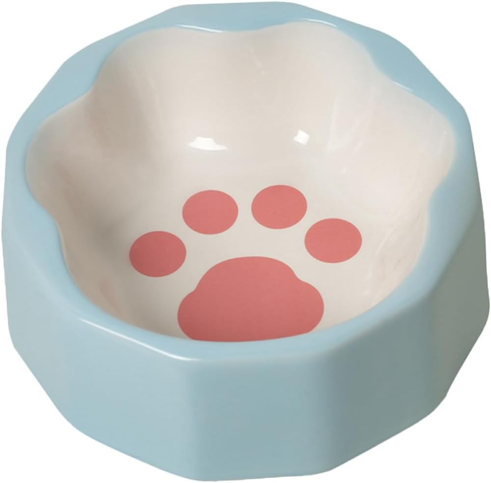 Slanted Ceramic Pet Bowl for Cats and Dogs, Blue Small Food Dish with Cute Animal Paw Print, Tilted Design for Indoor Feeding and Watering